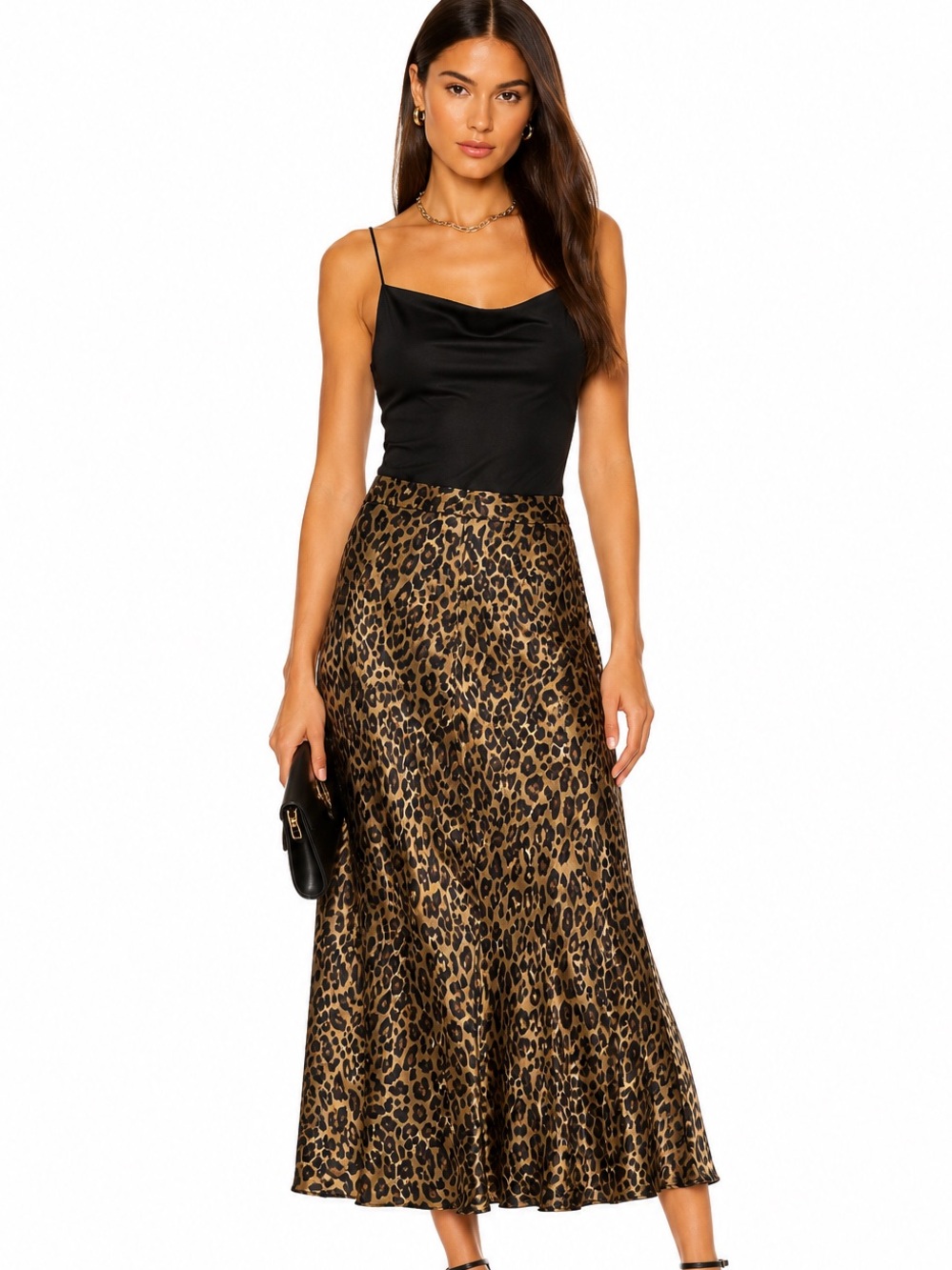 Zara Leopard Print Satin A-Line Midi Skirt - Brown/Black